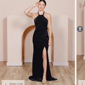 Revelry Fallon Black Velvet Maxi bridesmaid dressPetit Maxi 41 in waist to hem
